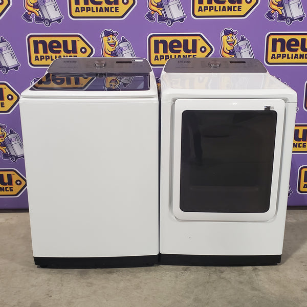 Samsung White Top Load 5.0 Cu. Ft. Washer with Super Speed WA50R5400AW - Certified Refurbished and Samsung Front Load Electric Dryer with with Steam Sanitize+ 16111 - DVE52A5500W - Scratch & Dent (Minor)