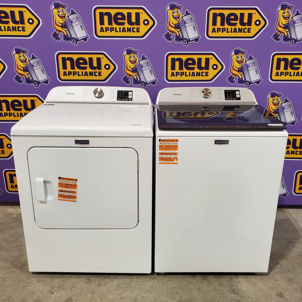Pictures of Maytag Top Load 4.8 cu ft Washer with Deep Fill and Slow-Close Glass Lid MVW6200KW - Scratch & Dent (Minor) and Maytag 7.0 cu ft Electric Dryer with Moisture Sensing and Quick Dry Cycle 16168 - MED6200KW - Scratch & Dent (Minor) - Neu Appliance Outlet - Discount Appliance Outlet in Austin, Tx