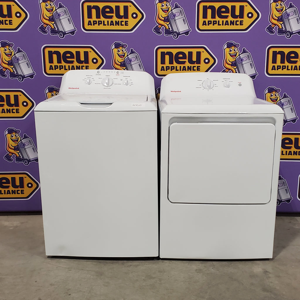 Pictures of Hotpoint® 4.0 cu. ft. Capacity Washer with Cold Plus and Water Level Control HTW265ASWWW - Scratch & Dent (Moderate) and Hotpoint® 6.2 cu. ft. vented Electric Dryer with Auto Dry 16102 - HTX26EASWWW - Scratch & Dent (Moderate) - Neu Appliance Outlet - Discount Appliance Outlet in Austin, Tx