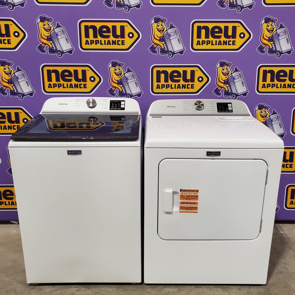 Pictures of Maytag Top Load 4.8 cu ft Washer with Deep Fill and Slow-Close Glass Lid MVW6200KW - Scratch & Dent (Minor) and Maytag 7.0 cu ft Electric Dryer with Moisture Sensing and Quick Dry Cycle 16203 - MED6200KW - Scratch & Dent (Minor) - Neu Appliance Outlet - Discount Appliance Outlet in Austin, Tx
