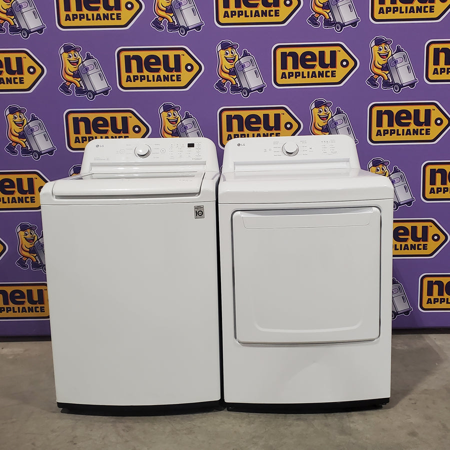 LG 4.3 cu. ft. Ultra Large Capacity Top Load Washer with 4-Way™ Agitator WT7005CW - Certified Refurbished and LG 7.3 Cu. Ft. Electric Rear Control Ultra Large Capacity Dryer with Sensor Dry 16082 - DLE6100W - Scratch & Dent (Minor)