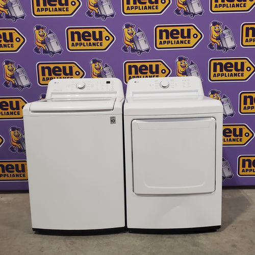 LG 4.3 cu. ft. Ultra Large Capacity Top Load Washer with 4-Way™ Agitator WT7005CW - Certified Refurbished and LG 7.3 Cu. Ft. Electric Rear Control Ultra Large Capacity Dryer with Sensor Dry 16082 - DLE6100W - Scratch & Dent (Minor)