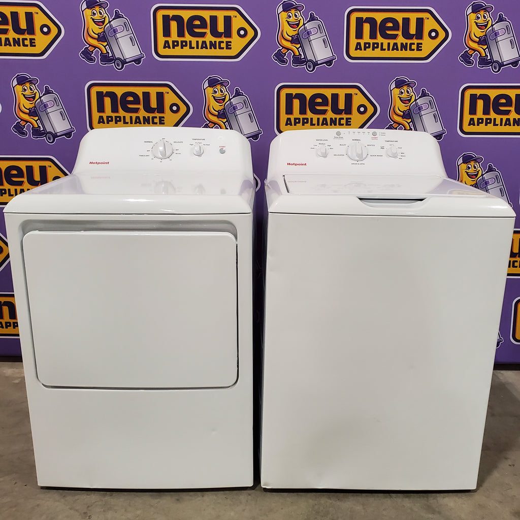 Pictures of Hotpoint® 4.0 cu. ft. Capacity Washer with Cold Plus and Water Level Control HTW265ASWWW - Scratch & Dent (Major) and Hotpoint 6.2 cu. ft. Capacity Electric Dryer with Up To 120 ft. Venting and Shallow Depth 16177 - HTX26EASWWW - Scratch & Dent (Minor) - Neu Appliance Outlet - Discount Appliance Outlet in Austin, Tx
