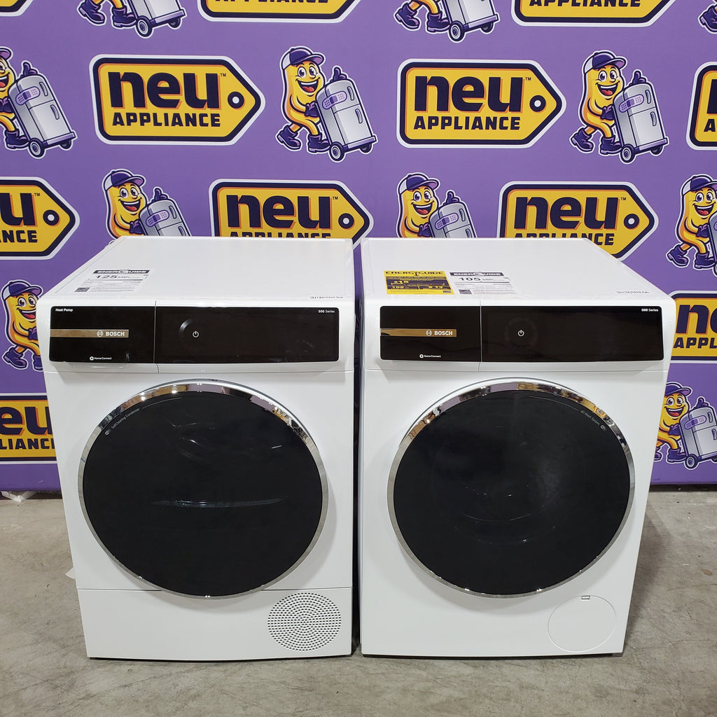 Pictures of Bosch 500 Series 24 in. 2.4 cu. ft. Stackable Front Load Compact Washer in White WGB24600UC - Open Box and Bosch 500 Series 4-cu ft Stackable Ventless Electric Dryer with Steam Cycle in White 16233 - WQB245B0UC - Scratch & Dent (Moderate) - Neu Appliance Outlet - Discount Appliance Outlet in Austin, Tx