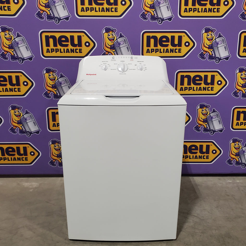 Hotpoint® 4.0 cu. ft. Capacity Washer with Cold Plus and Water Level Control HTW265ASWWW - Open Box and Hotpoint 6.2 cu. ft. Capacity Electric Dryer with Up To 120 ft. Venting and Shallow Depth 16183 - HTX26EASWWW - Scratch & Dent (Moderate)