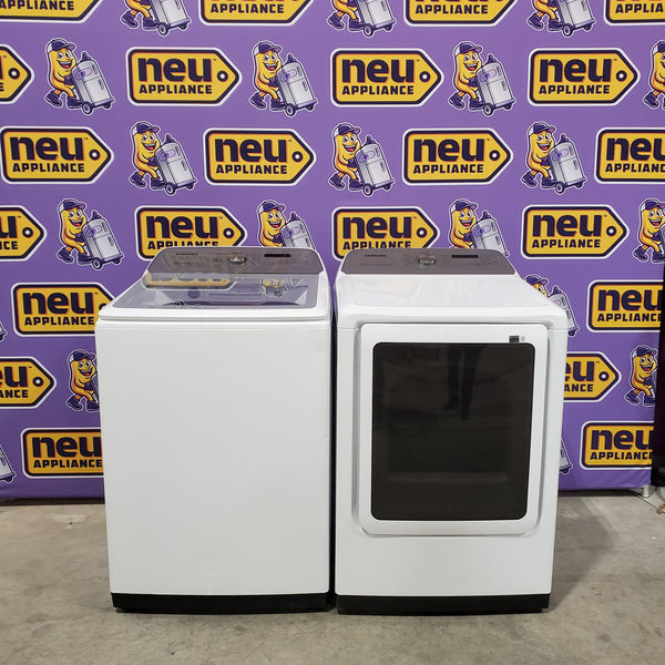 Samsung 5.0 cu. ft. Top Load Washing Machine with Active Water Jet WA50R5200AW - Certified Refurbished and Samsung White Smart Electric 7.4 Cu. Ft. Dryer with Sensor Dry and Steam Sanitize+ 16136 - DVE52A5500W - Scratch & Dent (Minor)