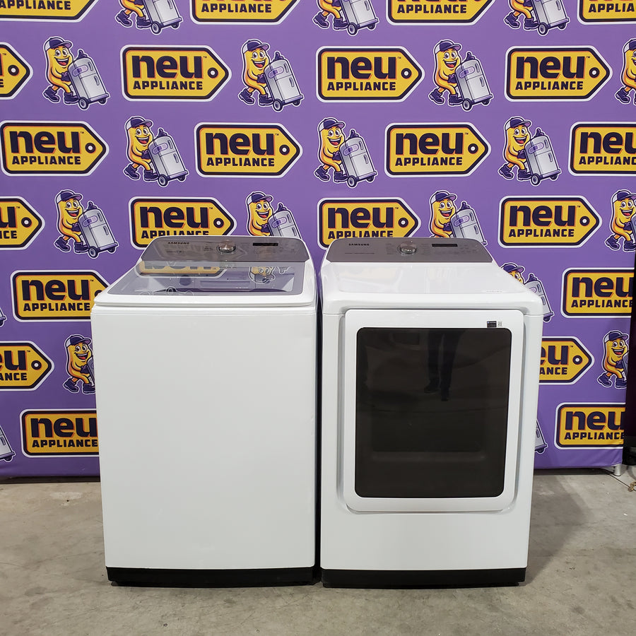 Samsung 5.0 cu. ft. Top Load Washing Machine with Active Water Jet WA50R5200AW - Certified Refurbished and Samsung White Smart Electric 7.4 Cu. Ft. Dryer with Sensor Dry and Steam Sanitize+ 16136 - DVE52A5500W - Scratch & Dent (Minor)