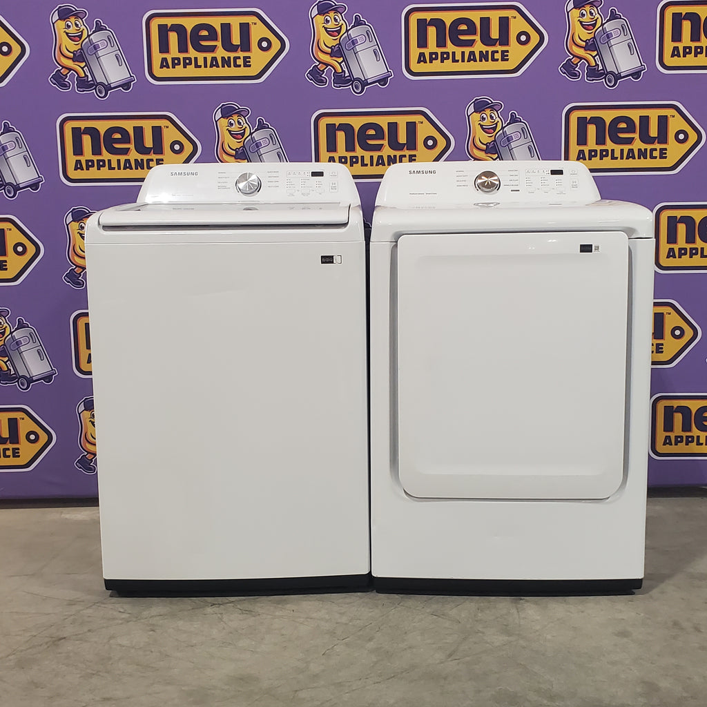 Pictures of Samsung 4.5 cu. ft. Top Load Washer with Vibration Reduction Technology+ in White WA45T3200AW - Certified Refurbished and Samsung 7.2 cu. ft. Electric Dryer with Sensor Dry in White DVE45T3200W - Certified Refurbished - Neu Appliance Outlet - Discount Appliance Outlet in Austin, Tx