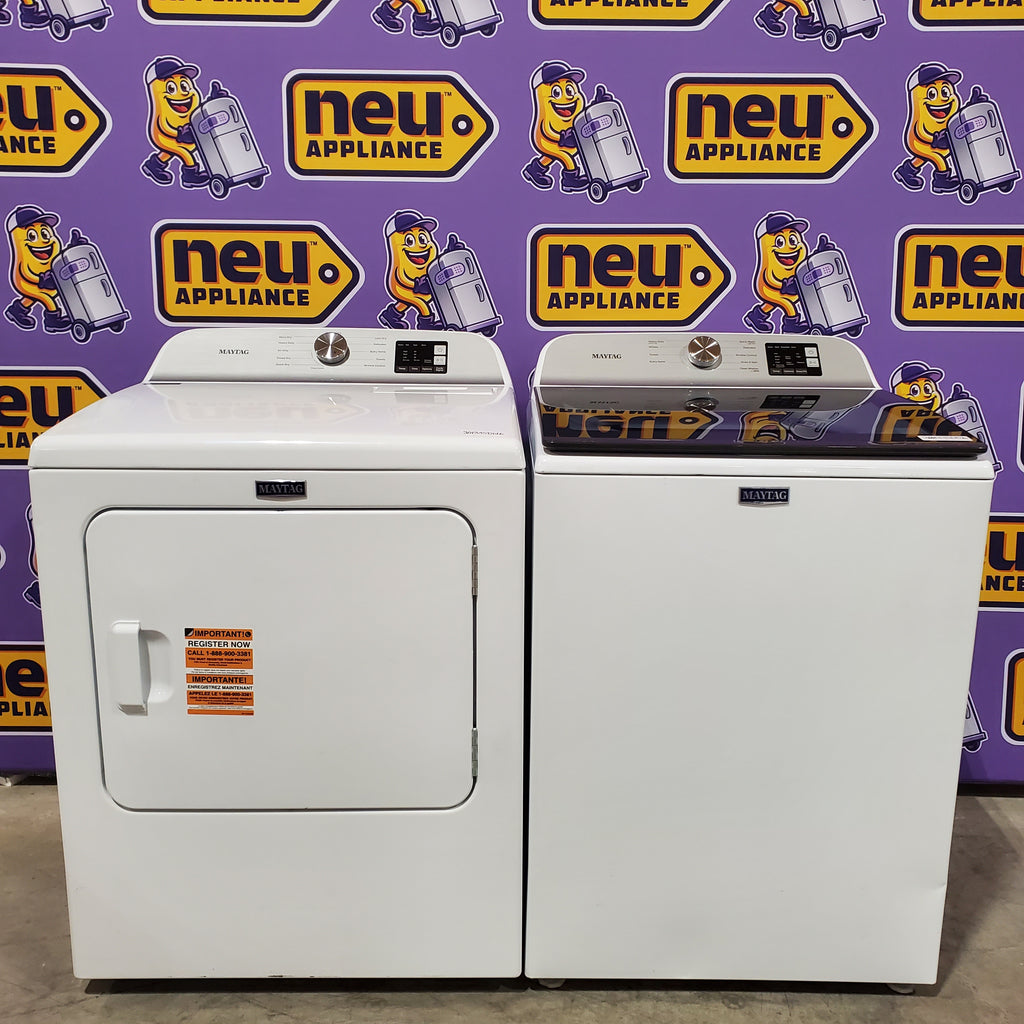 Pictures of Maytag Top Load 4.8 cu ft Washer with Deep Fill and Slow-Close Glass Lid MVW6200KW - Scratch & Dent (Minor) and Maytag 7.0 cu ft Electric Dryer with Moisture Sensing and Quick Dry Cycle 16200 - MED6200KW - Scratch & Dent (Moderate) - Neu Appliance Outlet - Discount Appliance Outlet in Austin, Tx