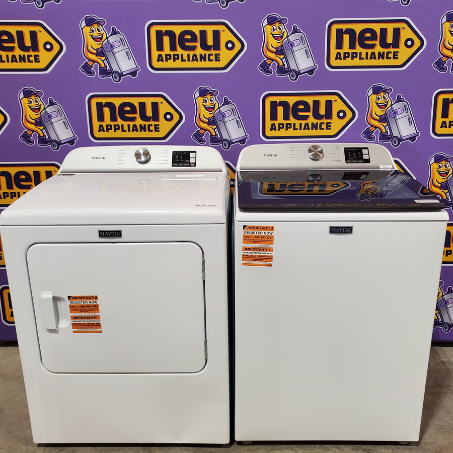 Maytag Top Load 4.8 cu ft Washer with Deep Fill and Slow-Close Glass Lid MVW6200KW - Scratch & Dent (Minor) and Maytag 7.0 cu ft Electric Dryer with Moisture Sensing and Quick Dry Cycle 16195 - MED6200KW - Scratch & Dent (Moderate)