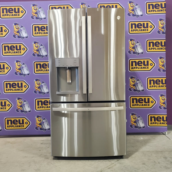 GE Fingerprint Stainless Steel Energy Star 3 Door French Door 27.7 Cu. Ft. Refrigerator with TwinChill Evaporators GFE28GYNFS - Scratch and Dent (Moderate)
