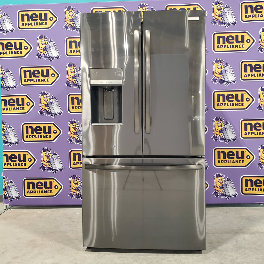 Black Stainless Steel ENERGY STAR Frigidaire 27.8 cu. ft. 3 Door French Door Refrigerator with Exterior Water and Ice Dispenser FRFS2823AD - Scratch & Dent - Minor