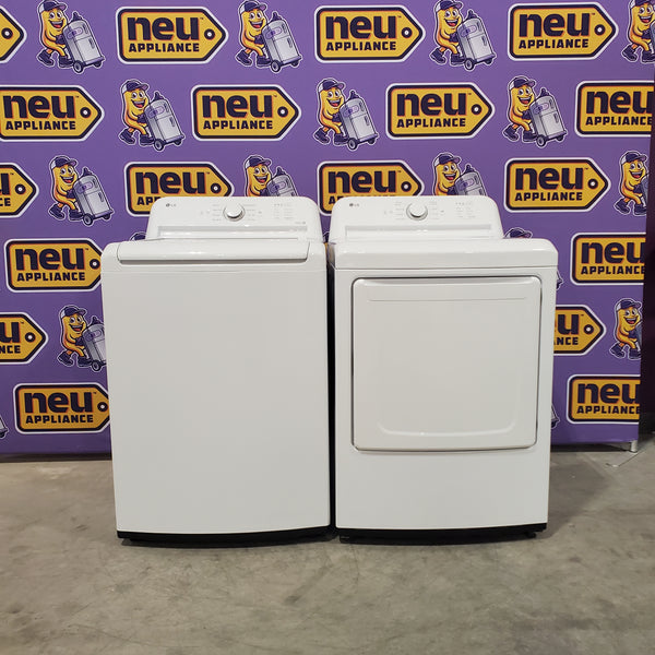 LG White Top Load 4.1 Cu. Ft. Washer with TurboDrum Technology WT6105CW - Scratch & Dent (Minor) and LG 7.3 Cu. Ft.  Electric Rear Control Ultra Large Capacity Dryer in White with Sensor Dry DLE6100W - Open Box