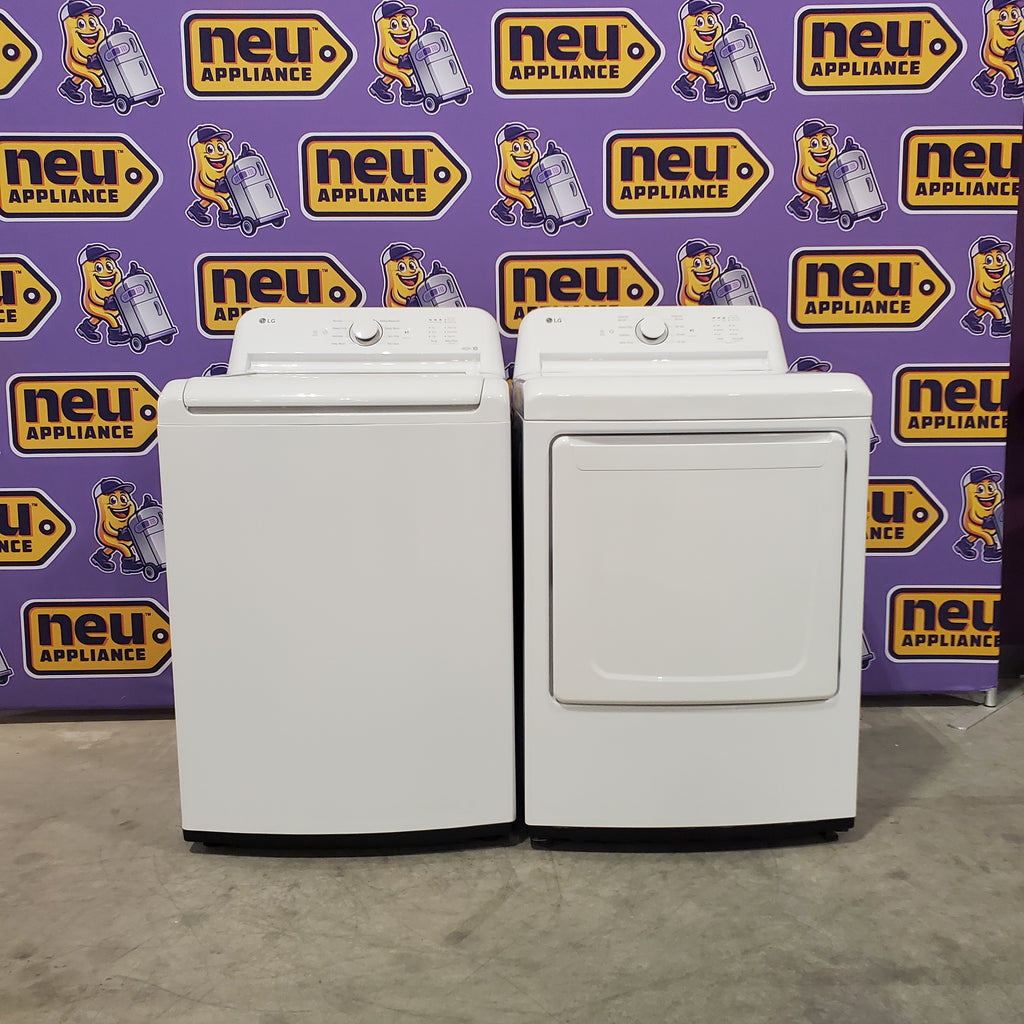 Pictures of LG White Top Load 4.1 Cu. Ft. Washer with TurboDrum Technology WT6105CW - Scratch & Dent (Minor) and LG 7.3 Cu. Ft. Electric Rear Control Ultra Large Capacity Dryer in White with Sensor Dry DLE6100W - Open Box - Neu Appliance Outlet - Discount Appliance Outlet in Austin, Tx