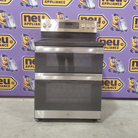 Stainless steel GE Free-Standing 30" Electric Double Oven Convection Range JBS86SPSS against a branded background