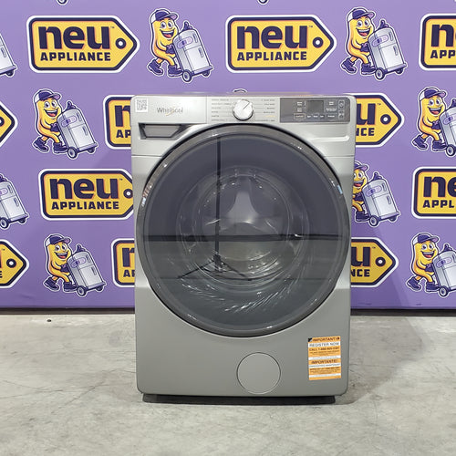 Whirlpool WFW5720RR Washer on a floor with a purple background featuring 'neu Appliance' logos.