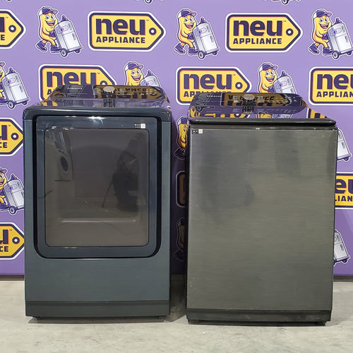 Pictures of Samsung Brushed Black Top Load 5.2 Cu. Ft. Washer with SuperSpeed Wash WA52A5500AV - Certified Refurbished and Samsung Brushed Navy Smart Electric Front Load 7.4 Cu. Ft. Dryer with Steam Sanitize+ DVE54CG7150D - Scratch and Dent (Minor) - Neu Appliance Outlet - Discount Appliance Outlet in Austin, Tx