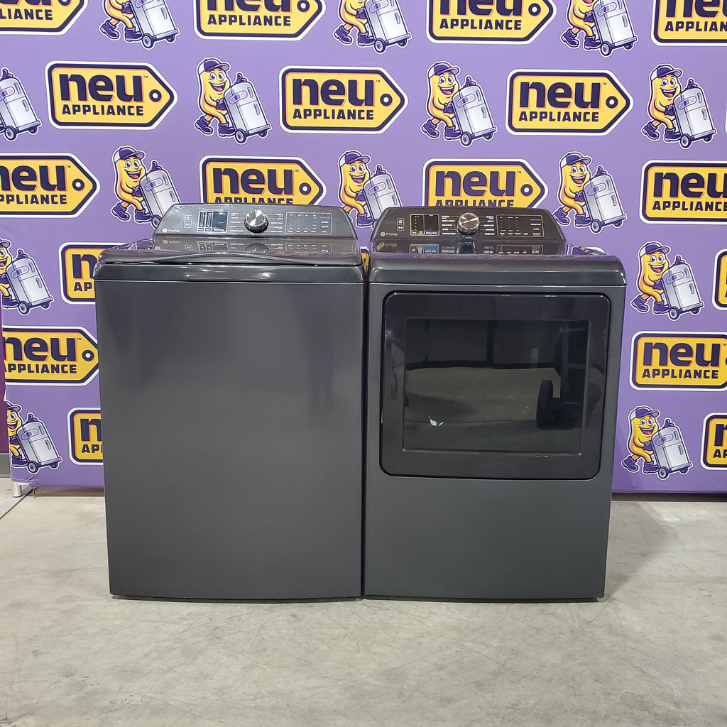 GE Profile 5.4 cu. ft. Top Load Washing Machine with FlexDispense PTW700BPTDG - Scratch & Dent (Minor) and GE Profile 7.4 cu. ft. Gas Dryer with Steam 16041 - PTD70EBPTDG - Open Box