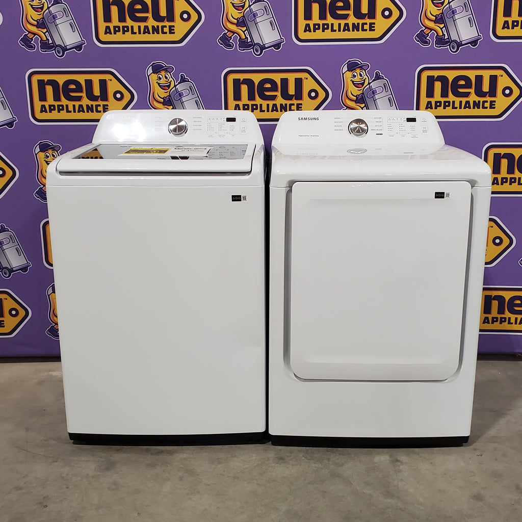 Pictures of Samsung 4.5 cu. ft. Top Load Washer with Vibration Reduction Technology+ in White WA45T3200AW - Scratch & Dent (Minor) and Samsung 7.2 cu. ft. Electric Dryer with Sensor Dry in White 16127 - DVE45T3200W - Open Box - Neu Appliance Outlet - Discount Appliance Outlet in Austin, Tx