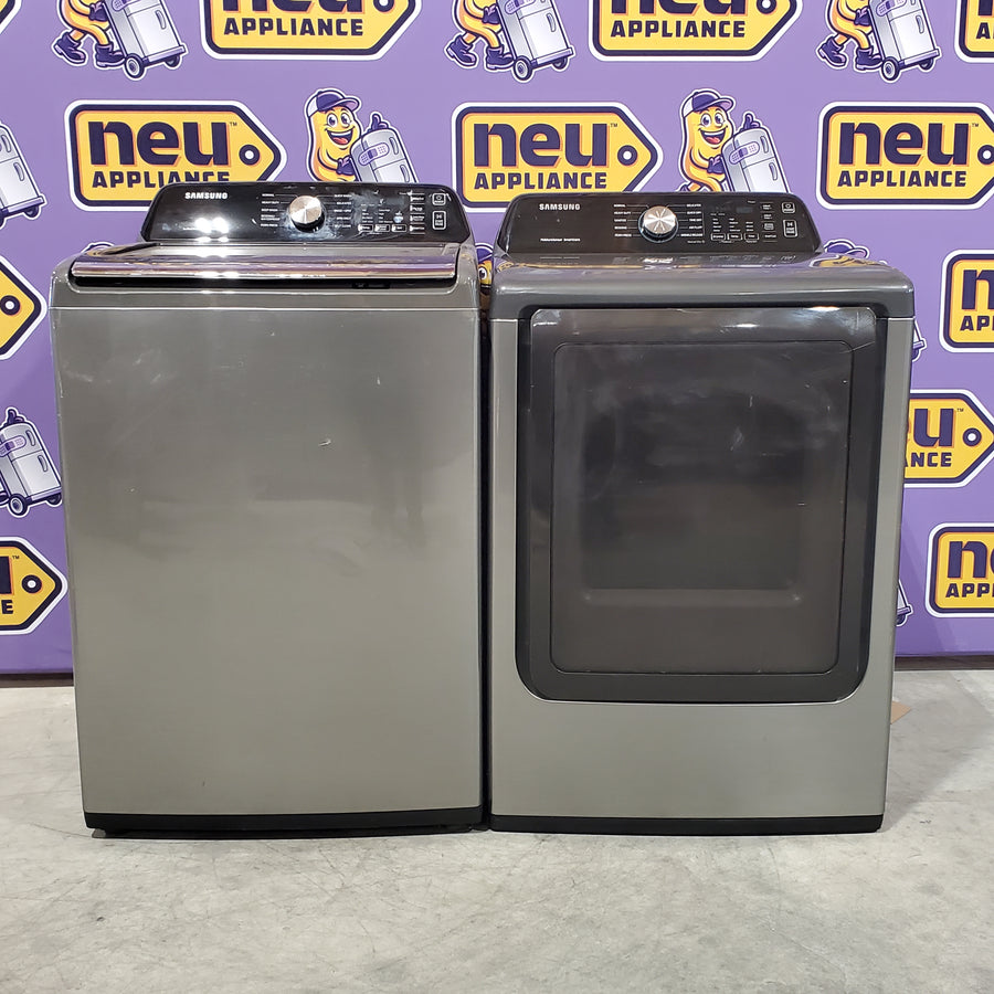 Samsung 4.5 cu. ft. Capacity Top Load Washer with Active WaterJet in Platinum WA45T3400AP - Certified Refurbished and Samsung Platinum Electric 7.4 Cu. Ft. Dryer with Sensor Dry 16065 - DVE45T3400P - Certified Refurbished