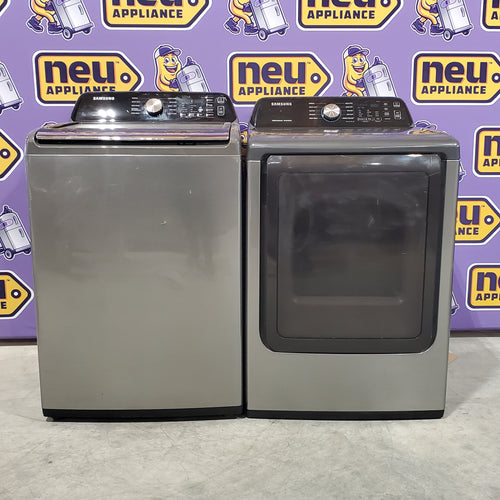 Samsung 4.5 cu. ft. Capacity Top Load Washer with Active WaterJet in Platinum WA45T3400AP - Certified Refurbished and Samsung Platinum Electric 7.4 Cu. Ft. Dryer with Sensor Dry 16065 - DVE45T3400P - Certified Refurbished