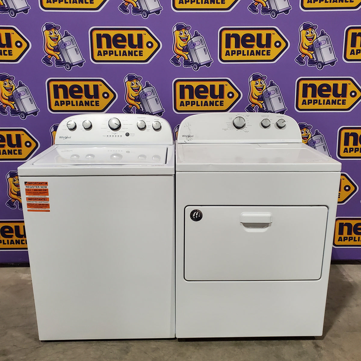 Whirlpool 3.5 cu. ft. High Efficiency Top Load Washing Machine with Deep Water Wash WTW4816FW - Scratch & Dent (Minor) and Whirlpool White Electric 7.0 Cu. Ft. Dryer with Auto Dry 16217 - WED4950HW - Scratch & Dent (Moderate)