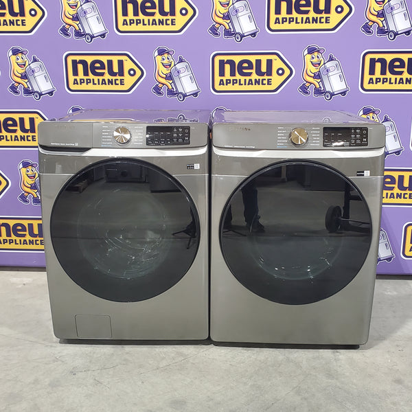 Samsung 4.5 cu. ft. Large Capacity Smart Front Load Washer with Super Speed Wash in Platinum WF45B6300AP - Scratch & Dent (Minor) and Samsung 7.5 cu. ft. Front Load Electric Dryer with Steam 16135 - DVE45B6300P - Scratch & Dent (Minor)