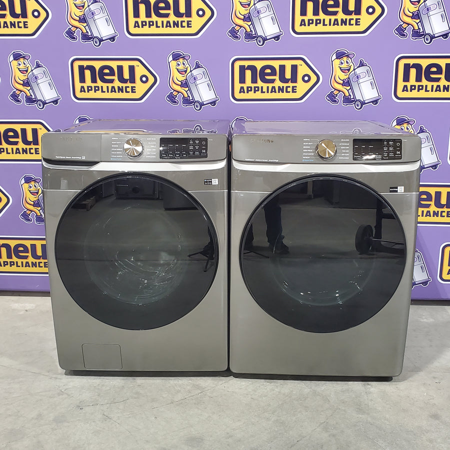 Samsung 4.5 cu. ft. Large Capacity Smart Front Load Washer with Super Speed Wash in Platinum WF45B6300AP - Scratch & Dent (Minor) and Samsung 7.5 cu. ft. Front Load Electric Dryer with Steam 16135 - DVE45B6300P - Scratch & Dent (Minor)