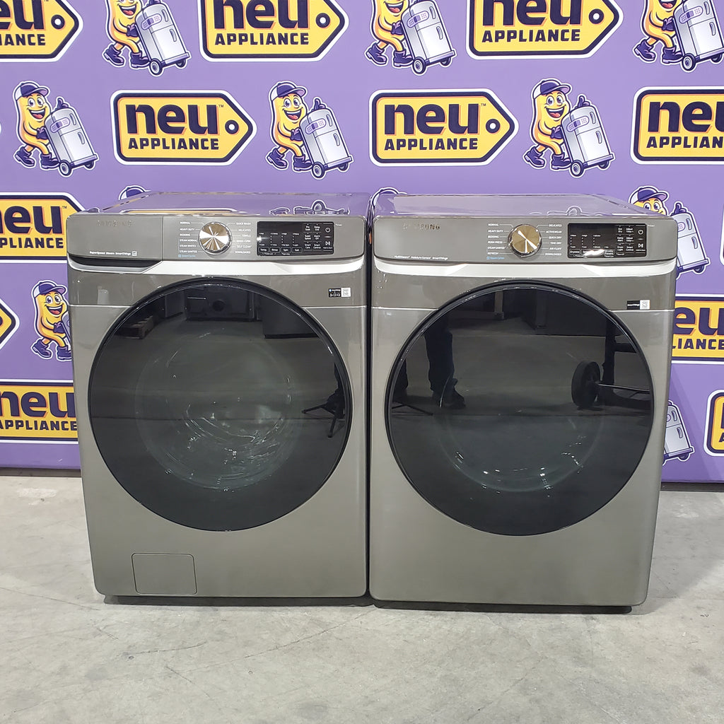 Samsung 4.5 cu. ft. Large Capacity Smart Front Load Washer with Super Speed Wash in Platinum WF45B6300AP - Scratch & Dent (Minor) and Samsung 7.5 cu. ft. Front Load Electric Dryer with Steam 16135 - DVE45B6300P - Scratch & Dent (Minor)