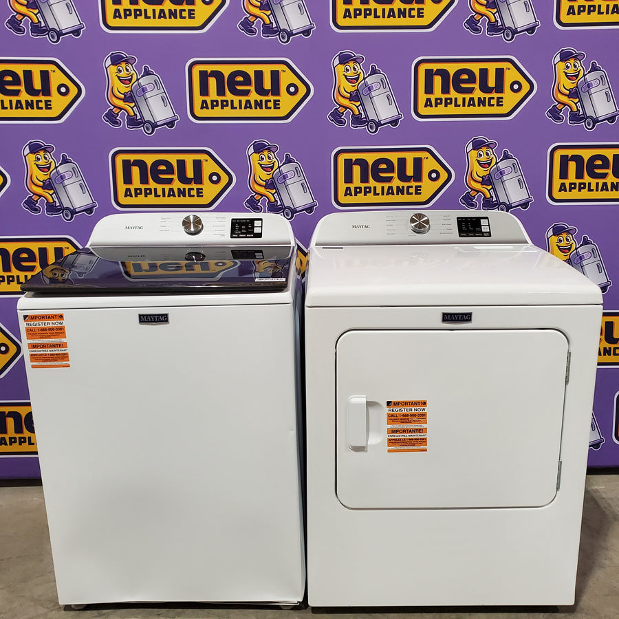 Maytag Top Load 4.8 cu ft Washer with Deep Fill and Slow-Close Glass Lid MVW6200KW - Scratch & Dent (Major) and Maytag 7.0 cu ft Electric Dryer with Moisture Sensing and Quick Dry Cycle 16242 - MED6200KW - Scratch & Dent (Minor)