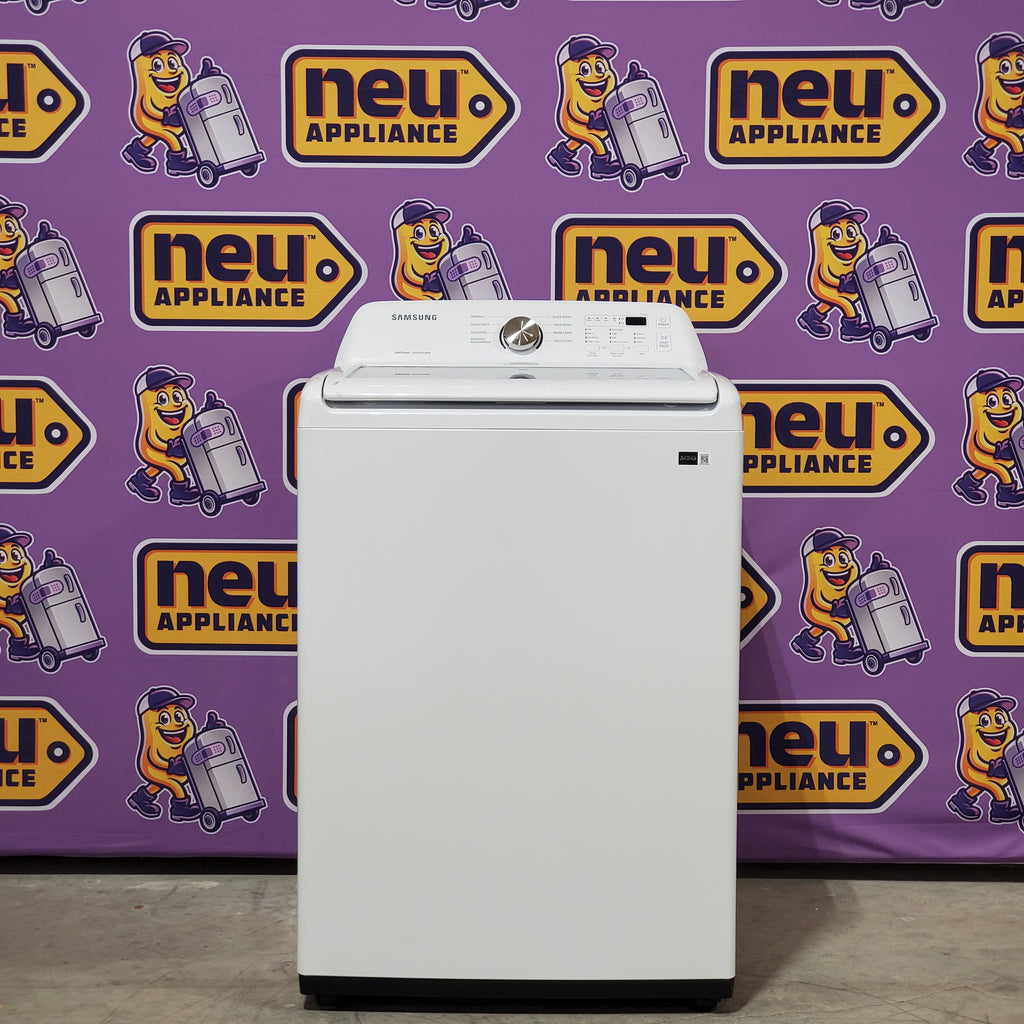 Pictures of Samsung 4.4 cu. ft. Top Load Washer with ActiveWave™ Agitator and Soft-Close Lid in White WA44A3205AW Open Box and Samsung 7.2 cu. ft. Gas Dryer with Sensor Dry in White DVG45T3200W - Scratch & Dent (Minor) - Neu Appliance Outlet - Discount Appliance Outlet in Austin, Tx