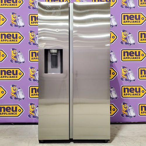 Stainless steel Samsung RS27T5200SR Refrigerator against a purple background with 'new appliance' branding.