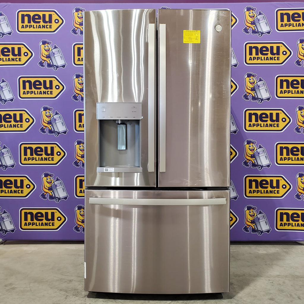 Pictures of GE Energy Star 3 Door French Door 27.7 Cu. Ft. Refrigerator with TwinChill Evaporators in Fingerprint Resistant Stainless Steel GFE28GYNFS - New in Box - Neu Appliance Outlet - Discount Appliance Outlet in Austin, Tx