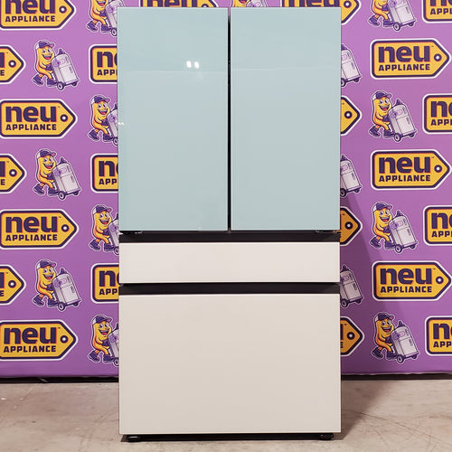 Samsung Bespoke RF29BB86004MAA 4-Door Smart Refrigerator on a purple background with 'neu appliance' branding.