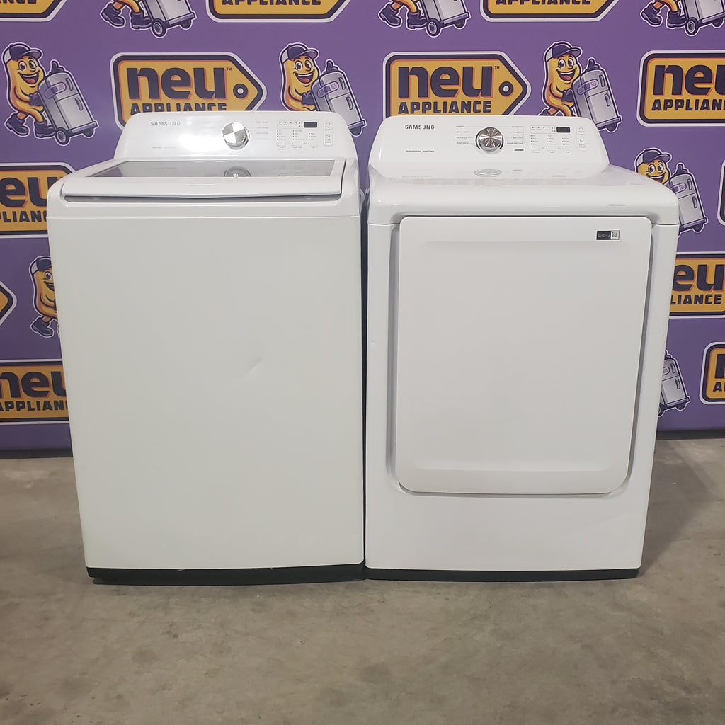 Pictures of Samsung 4.5 cu. ft. Top Load Washer with Vibration Reduction Technology+ in White WA45T3200AW - Certified Refurbished and Samsung 7.2 cu. ft. Electric Dryer with Sensor Dry in White 16086 - DVE45T3200W - Certified Refurbished - Neu Appliance Outlet - Discount Appliance Outlet in Austin, Tx
