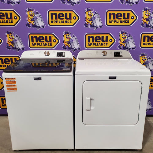 Pictures of Maytag Top Load 4.8 cu ft Washer with Deep Fill and Slow-Close Glass Lid MVW6200KW - Scratch & Dent (Minor) and Maytag 7.0 cu ft Electric Dryer with Moisture Sensing and Quick Dry Cycle 16196 - MED6200KW - Scratch & Dent (Moderate) - Neu Appliance Outlet - Discount Appliance Outlet in Austin, Tx