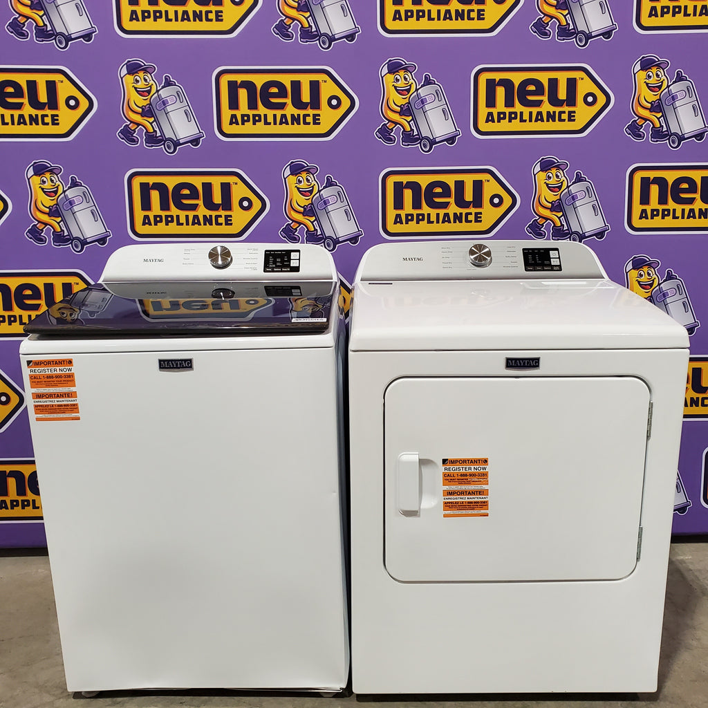 Pictures of Maytag Top Load 4.8 cu ft Washer with Deep Fill and Slow-Close Glass Lid MVW6200KW - Scratch & Dent (Major) and Maytag 7.0 cu ft Electric Dryer with Moisture Sensing and Quick Dry Cycle 16242 - MED6200KW - Scratch & Dent (Minor) - Neu Appliance Outlet - Discount Appliance Outlet in Austin, Tx