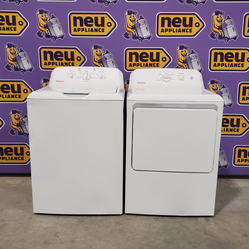 Pictures of Hotpoint® 4.0 cu. ft. Capacity Washer with Cold Plus and Water Level Control HTW265ASWWW - Scratch & Dent (Moderate) and Hotpoint® 6.2 cu. ft. vented Electric Dryer with Auto Dry 16101 - HTX26EASWWW - Scratch & Dent (Minor) - Neu Appliance Outlet - Discount Appliance Outlet in Austin, Tx