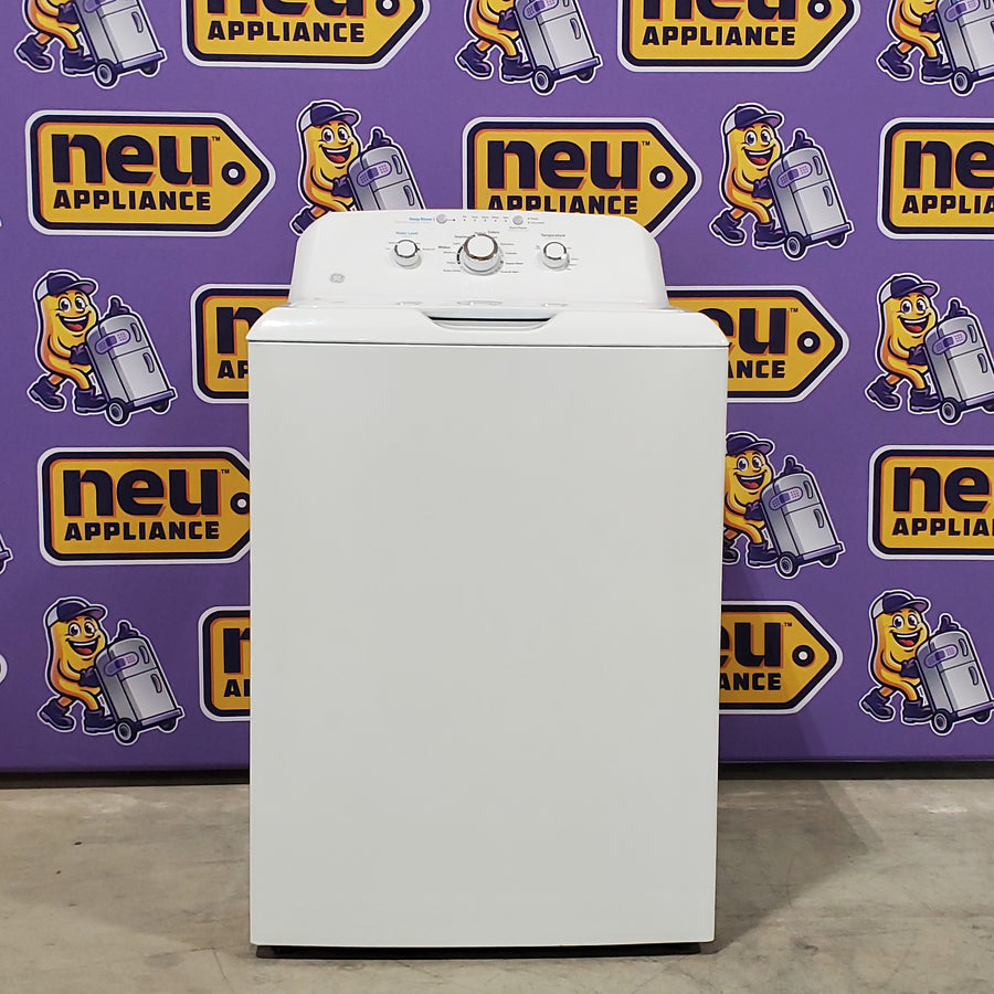 GE White Top Load 4.0 Cu. Ft. Capacity Washer with Stainless Steel Wash Basket GTW325ASWWW - New in Box and GE White Electric Aluminized Alloy Drum 7.2 Cu. Ft. Dryer with Sensor Dry and Extended Tumble 16238 - GTD45EASJWS - Certified Refurbished
