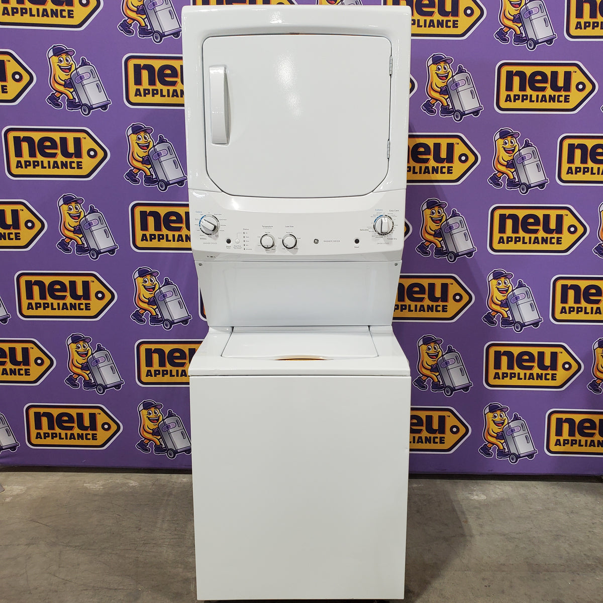 GE Unitized Spacemaker® 3.8 cu. ft. Capacity Washer with Stainless Steel Basket and 5.9 cu. ft. Capacity Electric Dryer 1CR000150 - GUD27ESSMWW - Scratch & Dent (Minor)