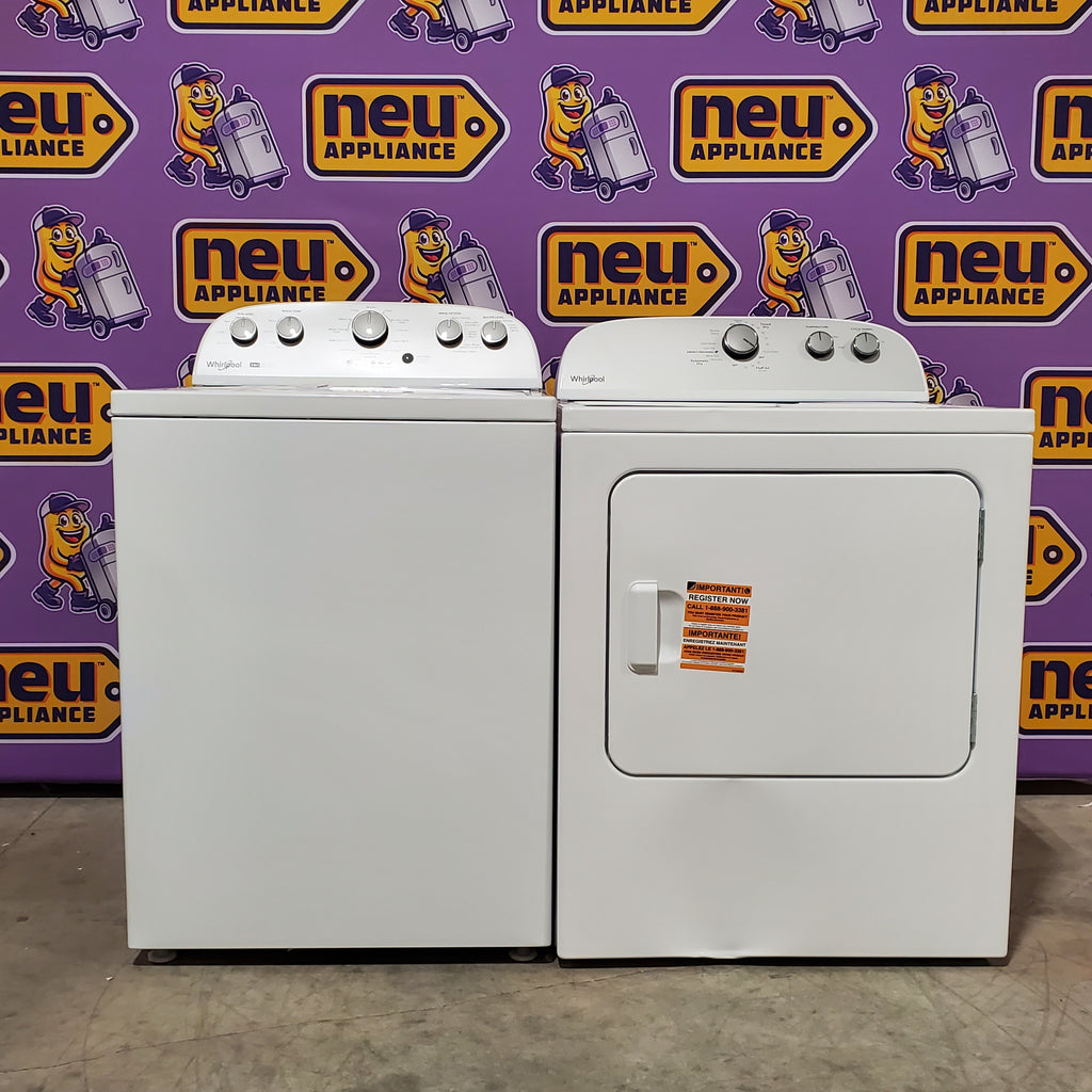 Whirlpool 3.8–3.9 Cu. Ft.  Top Load Washer with 2 in 1 Removable Agitator and Soil Level Selection WTW4957PW - Open Box and Whirlpool 7-cu ft Vented Electric Dryer 16050 - WGD4815EW - Scratch & Dent (Minor)