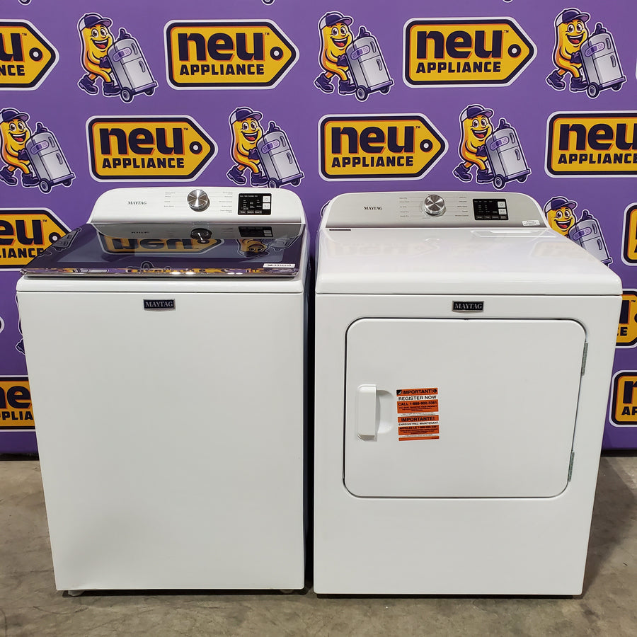 Maytag Top Load 4.8 cu ft Washer with Deep Fill and Slow-Close Glass Lid MVW6200KW - Scratch & Dent (Minor) and Maytag 7.0 cu ft Electric Dryer with Moisture Sensing and Quick Dry Cycle 16216 - MED6200KW - Scratch & Dent (Minor)
