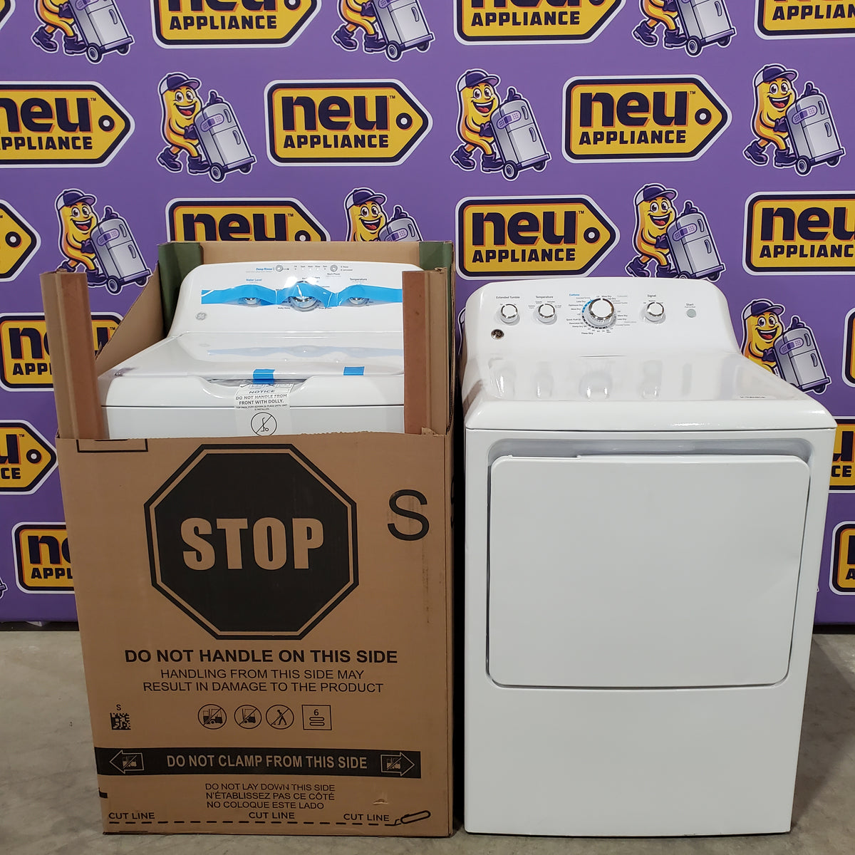 GE White Top Load 4.0 Cu. Ft. Capacity Washer with Stainless Steel Wash Basket GTW325ASWWW - New in Box and GE White Electric 7.2 Cu. Ft. Dryer with Aluminized Alloy Drum 16211 - GTD42EASJWW - Certified Refurbished