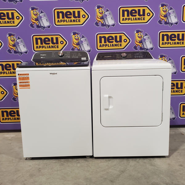 Whirlpool 5.2–5.3 Cu. Ft. Top Load Washer in White with Removable Agitator WTW6157PW - Open Box and Whirlpool Top Load Electric Moisture Sensing 7.0 Cu. Ft. Dryer with Steam 16073 - WED5050LW - Open Box