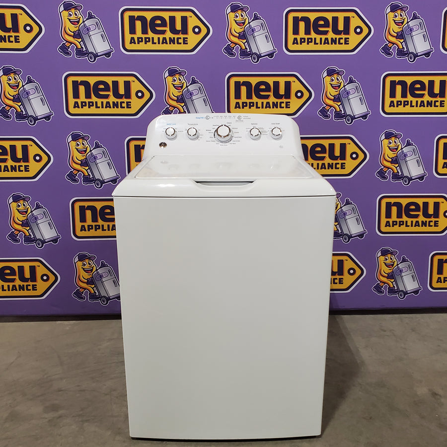 GE 4.5 cu. ft. Capacity Washer with Stainless Steel Basket in White GTW465ASNWW - Certified Refurbished and GE White Electric 7.2 Cu. Ft. Dryer with Aluminized Alloy Drum 16260 - GTD45EASJWS - Certified Refurbished