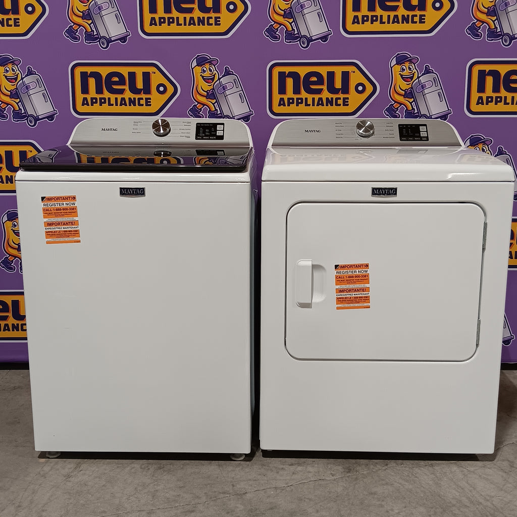 Pictures of Maytag Top Load 4.8 cu ft Washer with Deep Fill and Slow-Close Glass Lid MVW6200KW - Scratch & Dent (Minor) and Maytag 7.0 cu ft Electric Dryer with Moisture Sensing and Quick Dry Cycle 16156 - MED6200KW - Open Box - Neu Appliance Outlet - Discount Appliance Outlet in Austin, Tx