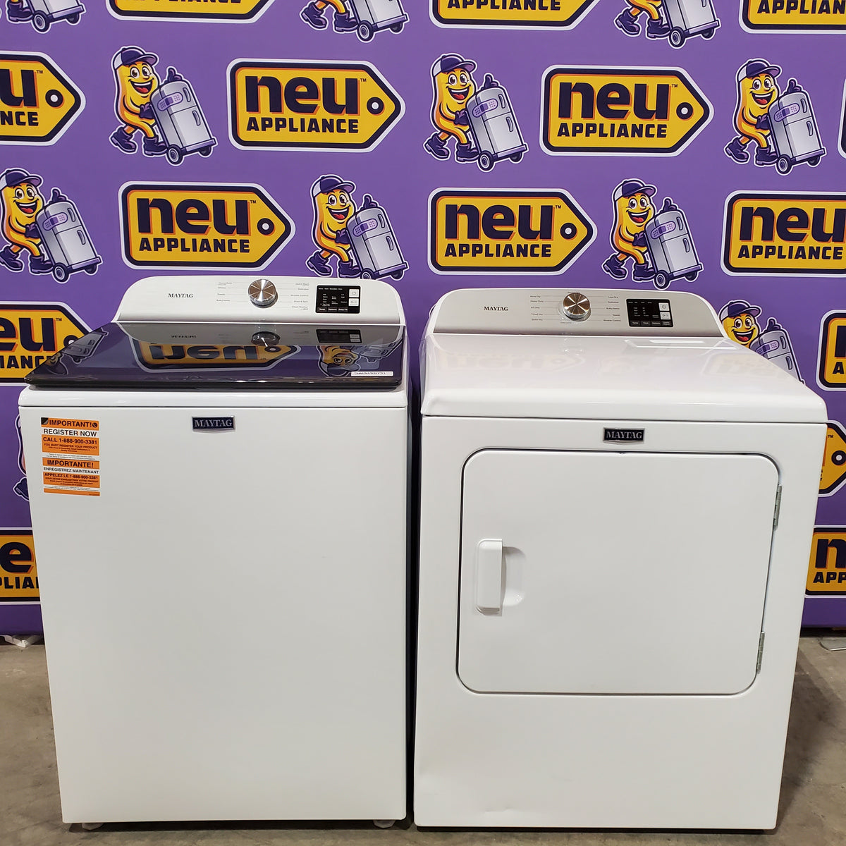 Maytag Top Load 4.8 cu ft Washer with Deep Fill and Slow-Close Glass Lid MVW6200KW - Scratch & Dent (Minor) and Maytag 7.0 cu ft Electric Dryer with Moisture Sensing and Quick Dry Cycle 16231 - MED6200KW - Scratch & Dent (Moderate)