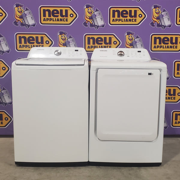 Samsung 4.5 cu. ft. Top Load Washer with Vibration Reduction Technology+ in White WA45T3200AW - Certified Refurbished and Samsung 7.2 cu. ft. Electric Dryer with Sensor Dry in White 16061 - DVE45T3200W - Open Box