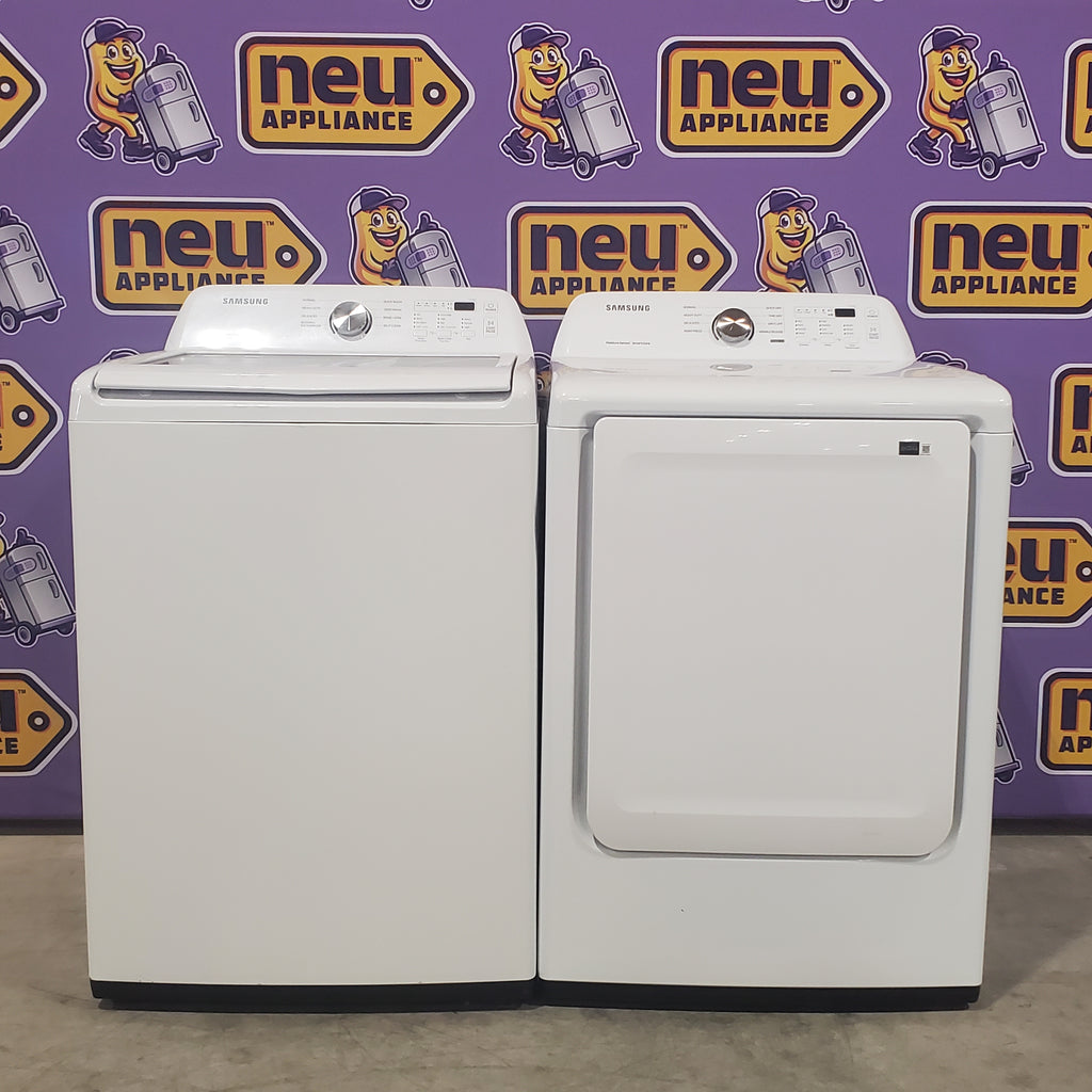 Samsung 4.5 cu. ft. Top Load Washer with Vibration Reduction Technology+ in White WA45T3200AW - Certified Refurbished and Samsung 7.2 cu. ft. Electric Dryer with Sensor Dry in White 16061 - DVE45T3200W - Open Box