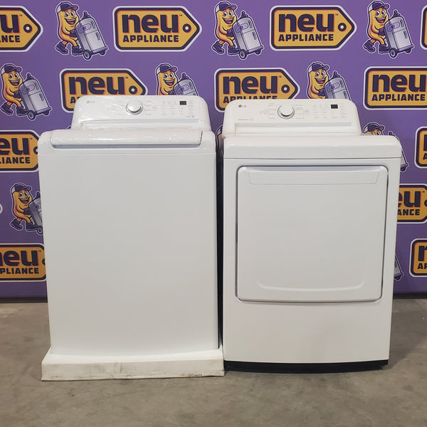 LG White Top Load 4.5 Cu. Ft. Washer with NeveRust Drum and TurboDrum Technology WT7000CW - New in Box and LG 7.3 cu. ft. Ultra Large High Efficiency Electric Dryer in White 16067 - DLE7000W - Scratch & Dent (Minor)